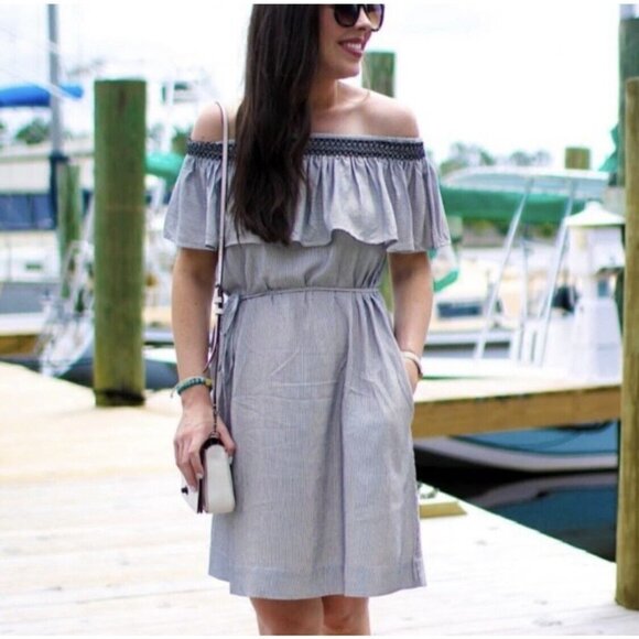 NWT Ann Taylor Loft Belted Off Shoulder Smocked Ruffle Shift Dress Sz L Nautical - Picture 1 of 10